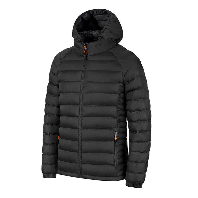 Versatile hooded jacket for men in various colors, featuring a lightweight and warm polyester design with a comfortable hood and convenient pockets.