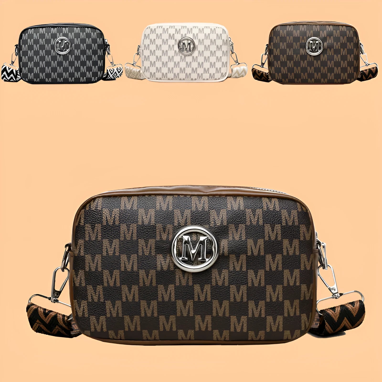 Women's synthetic leather crossbody bag with wide shoulder strap and three-dimensional front pocket