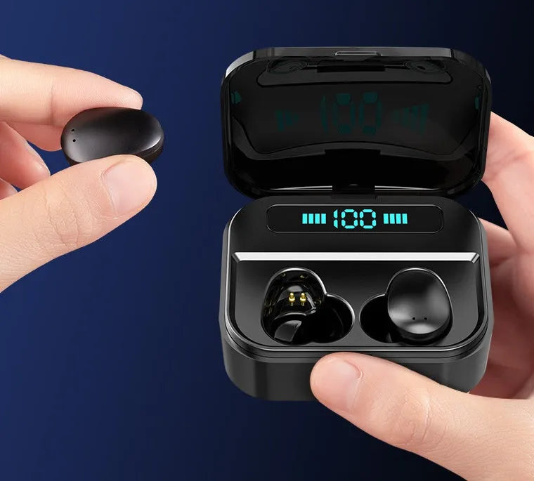 TWS Bluetooth earphones with 3600mAh charging case, 8mm drivers, waterproof, in black on white background
