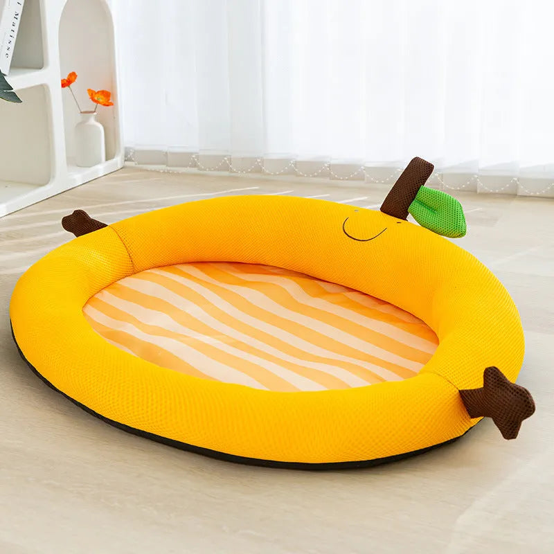 Green fruit backrest pet cooling mat nest bed for large dogs on a wooden floor.