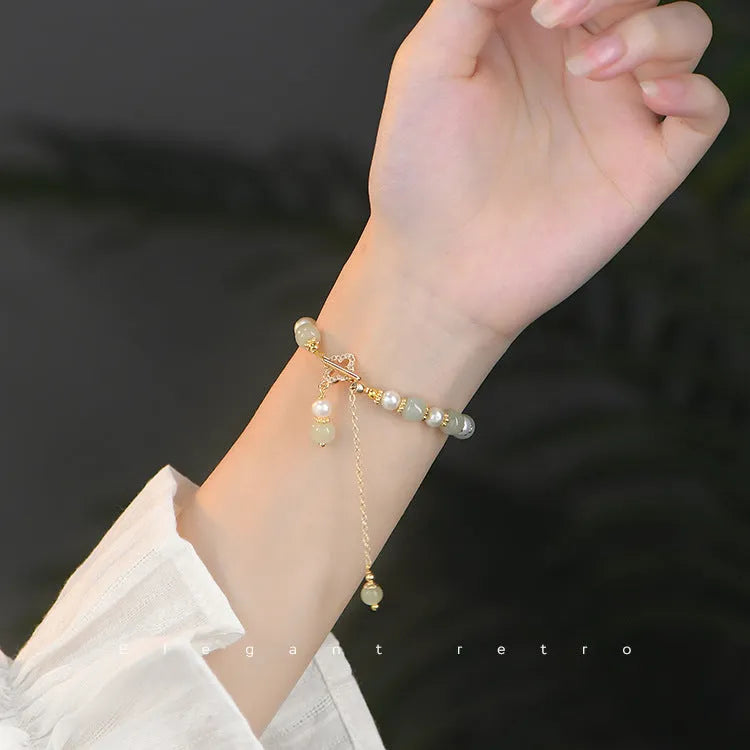 Natural Hetian jade pearl pendant women's bracelet with gold alloy electroplated finish in Chinese style