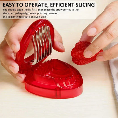 Red strawberry slicer with stainless steel blades for efficient and uniform fruit slicing