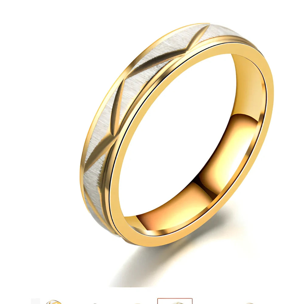 Titanium steel couple ring in 24K gold finish, 4mm and 6mm widths, stainless steel with vacuum plating for rust resistance