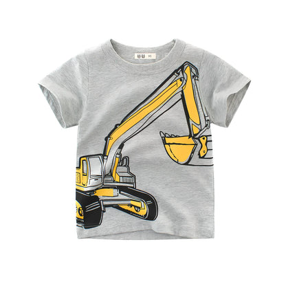 Boys green cartoon print cotton short sleeve T-shirt, size 110cm, soft fabric for ages 3-8 summer wear