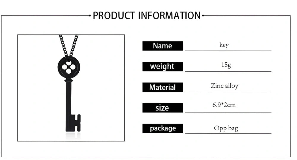 Unisex black key pendant necklace with star details on alloy chain, electroplated for durability, 45-50cm length