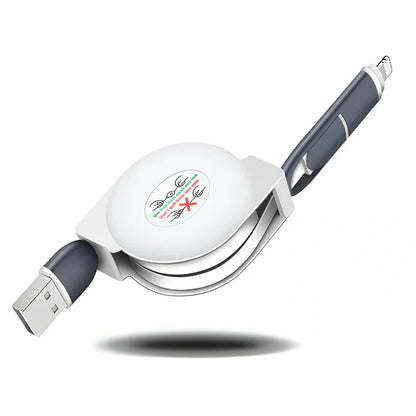 Black 3-in-1 telescopic charging cable extended to 120cm with three titanium alloy connectors for multi-device use