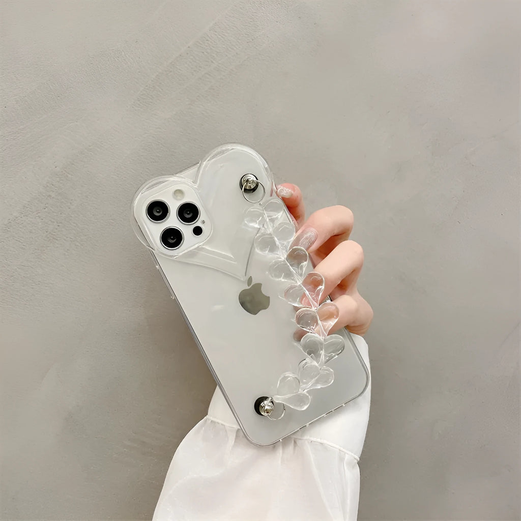 Transparent iPhone case with love bracelet chain design on clear TPU protective shell