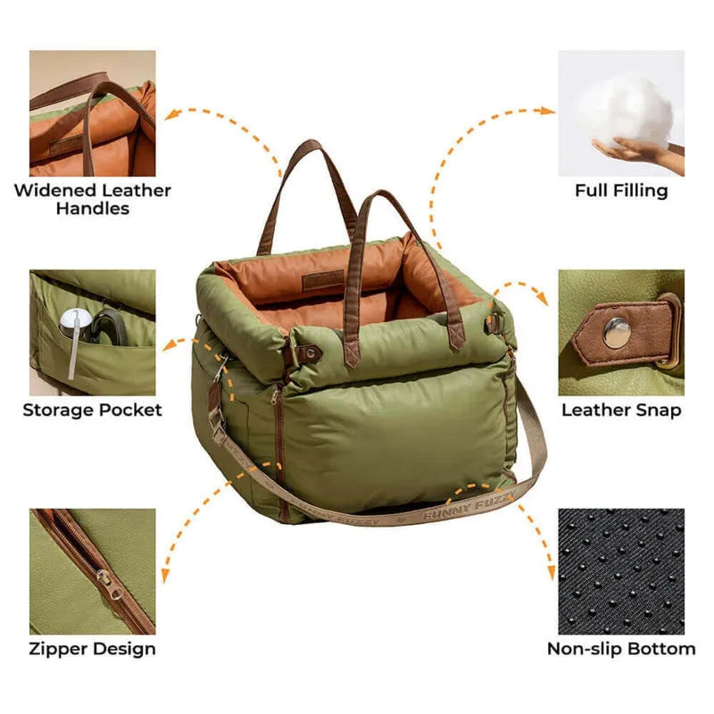 M size green waterproof PU leather dog car bed with removable cushion
