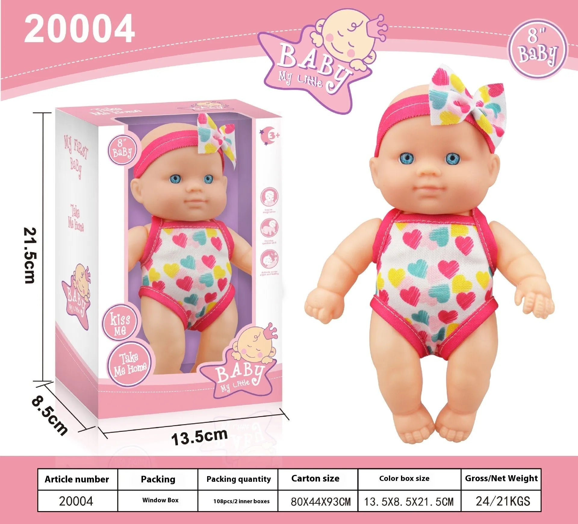 A detailed vinyl simulation baby figurine doll, showing its realistic features and proportions.