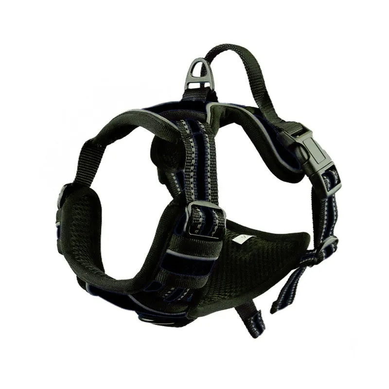 Adjustable outdoor dog chest strap harness made of Oxford cloth in various colours with a D-ring.