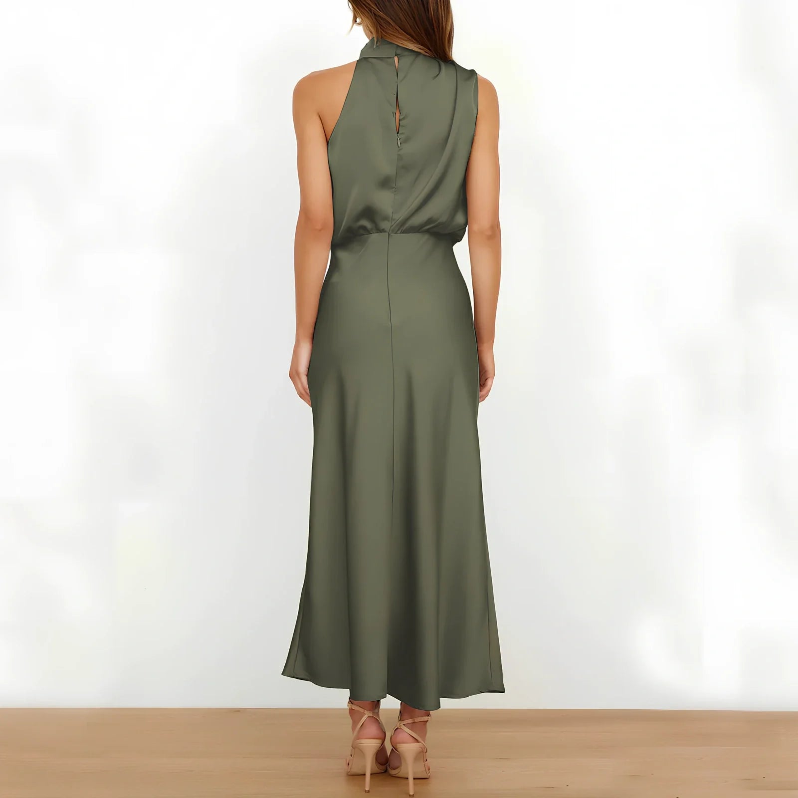 Sleeveless polyester dress in navy blue, 125.8cm length size L, bust 103cm for women's evening parties