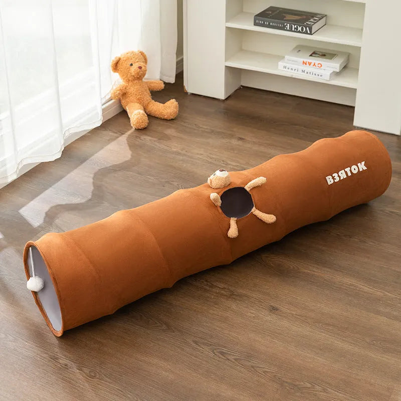 Brown bear small 0.8 m straight foldable polyester taffeta cat tunnel on a light wood floor