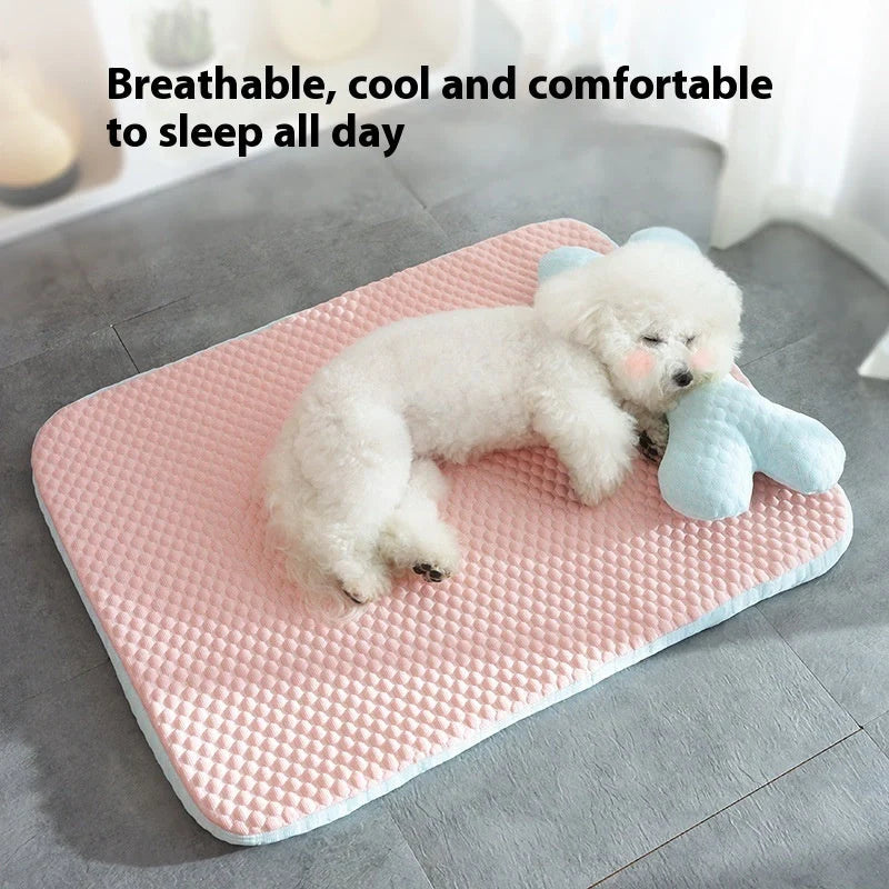 Breathable Cooling Pet Mat for small to medium dogs and cats in pink with big-eyed animal theme