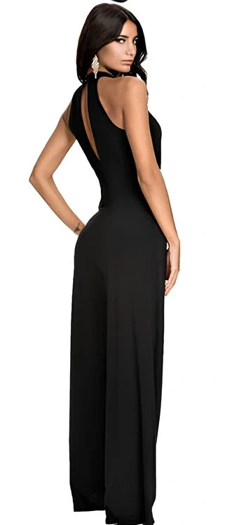 Black high-neck long-sleeved flared jumpsuit with stitching, sizes S-XL, length 142-149cm, bust 80-92cm, hips 82-94cm