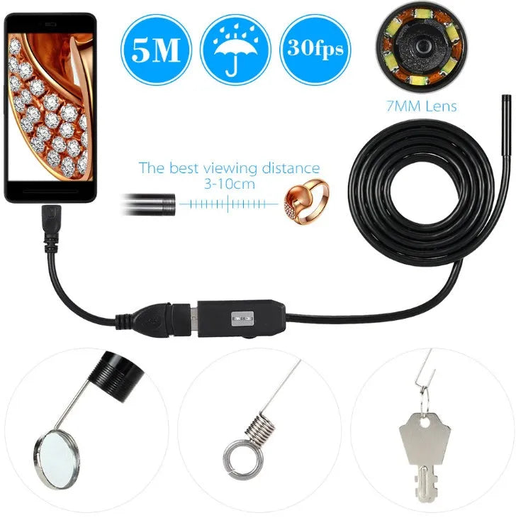 OWSOO USB endoscope with flexible cable, camera head, LED lights, hook, magnet, and mirror for phone and computer inspection.