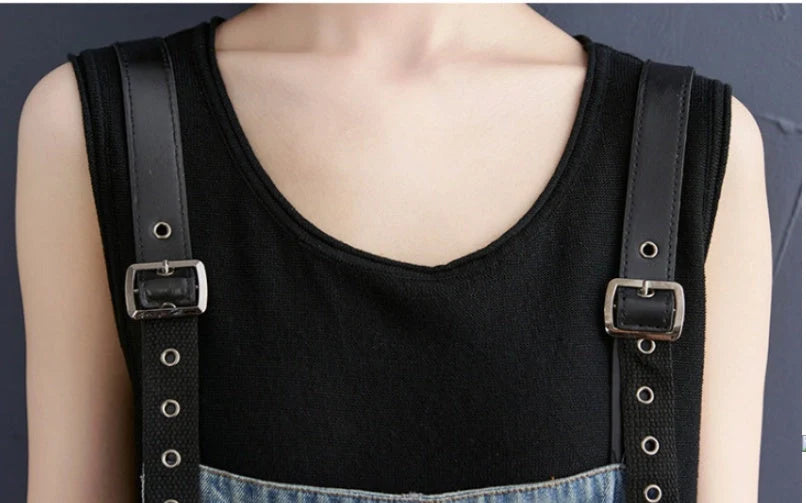 Women's denim suspenders in blue, Korean style design with adjustable straps