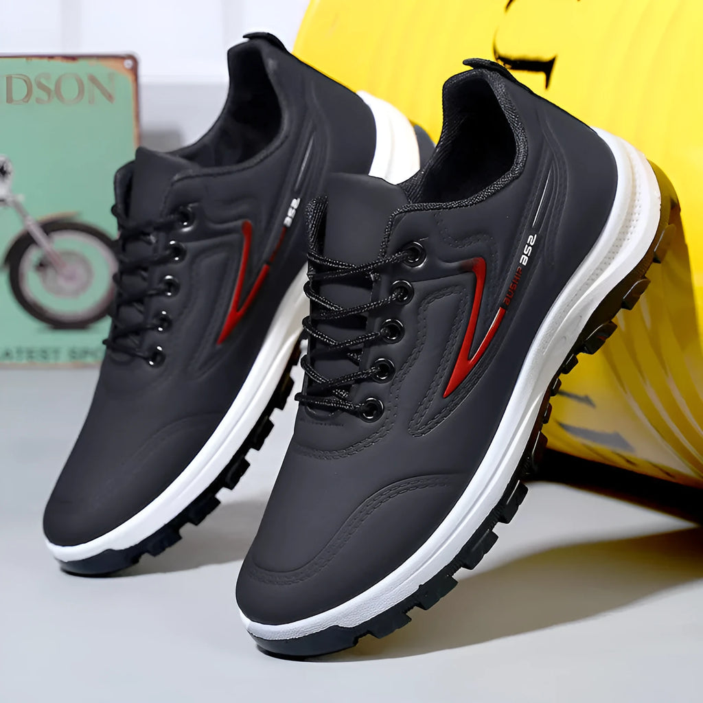 Waterproof leisure sports shoes in black and grey colour with artificial PU upper and plastic sole