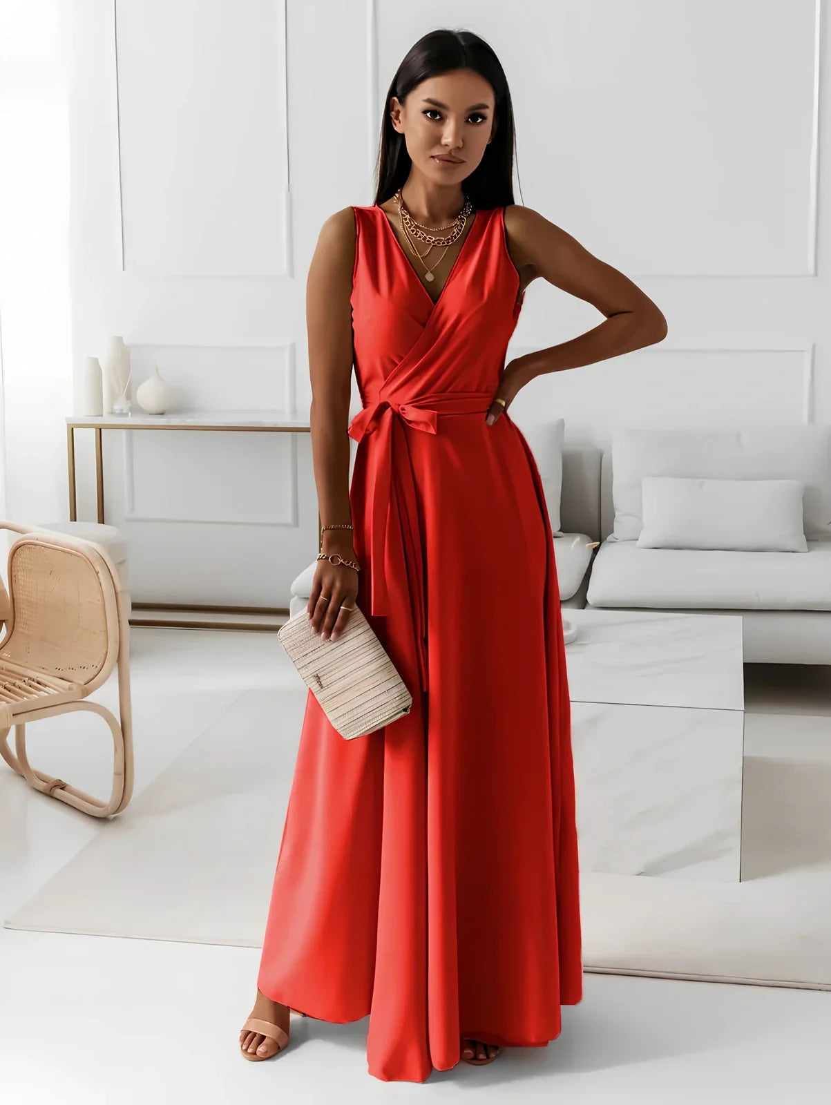 Women’s V-neck sleeveless maxi dress in navy blue with mid-waist belt, polyester fabric, length 144cm size M for party wear