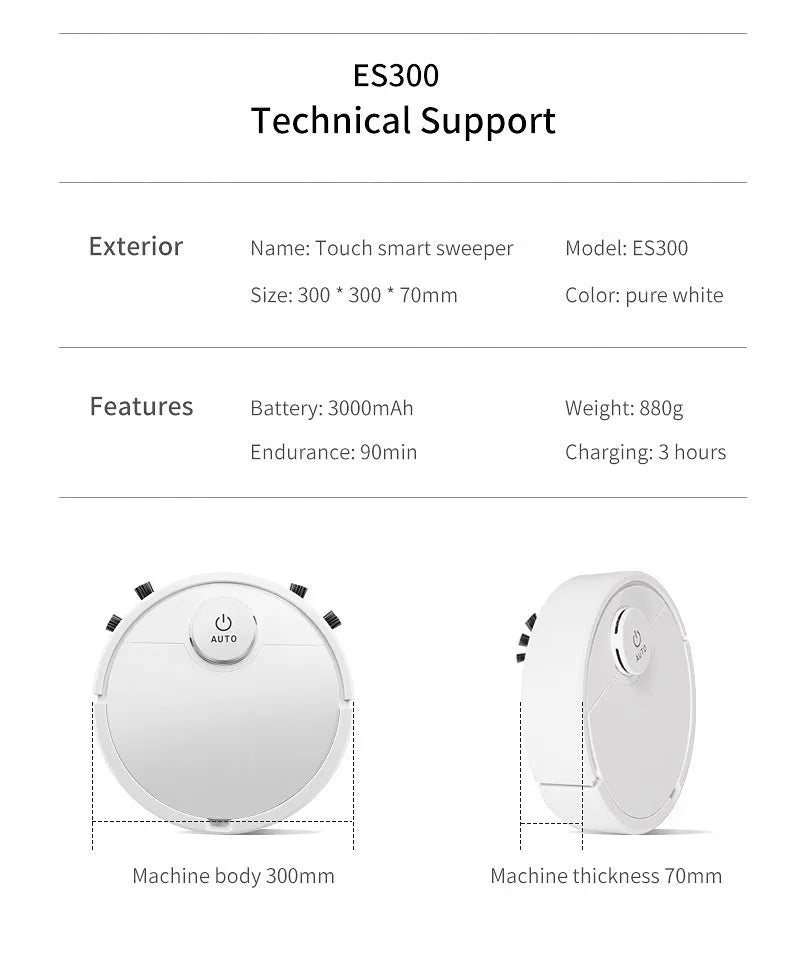 Automatic floor sweeping robot with circular ABS plastic body, 28cm diameter.