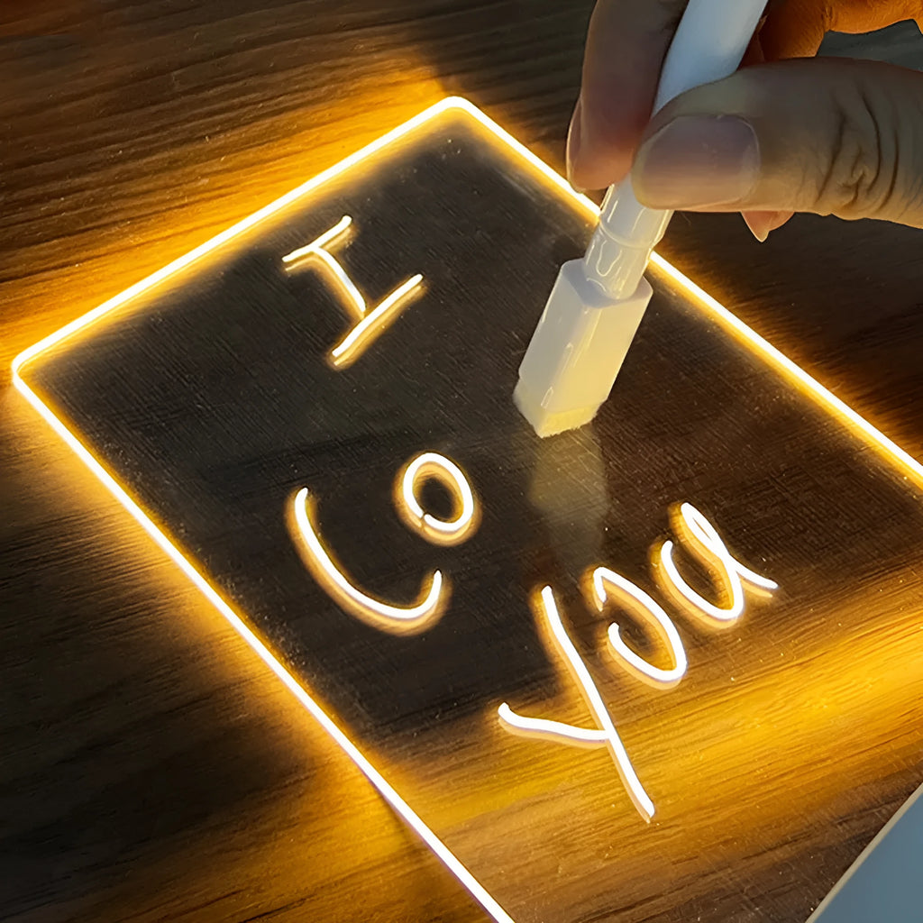 Creative LED USB message board night lamp with acrylic board and pen in warm light