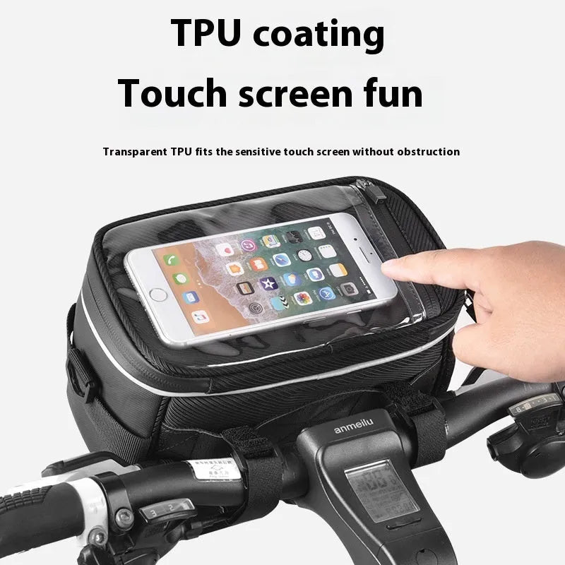 Black 7-inch polyester bicycle handlebar bag mounted on bike, showing compact folding design.