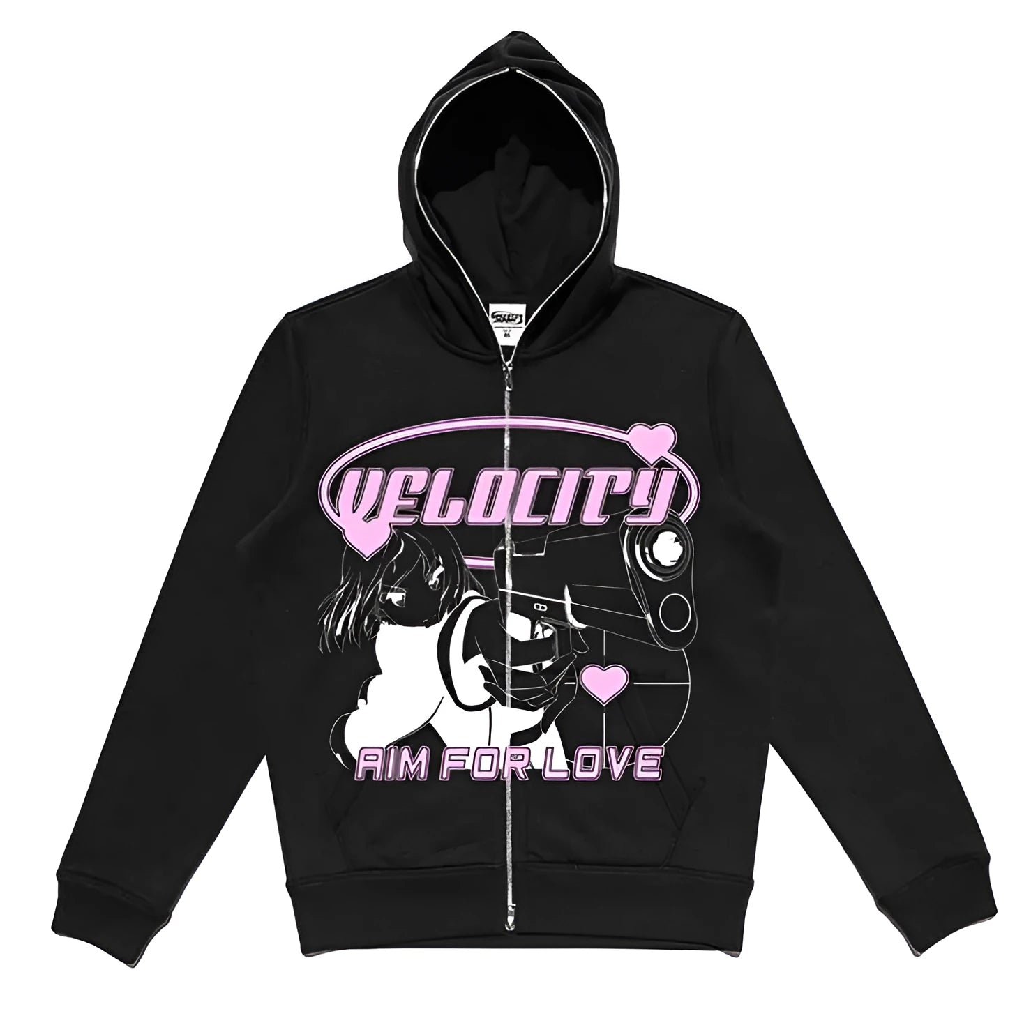 Women's street hip hop gothic black zip hoodie with long sleeves and loose fit in black colour