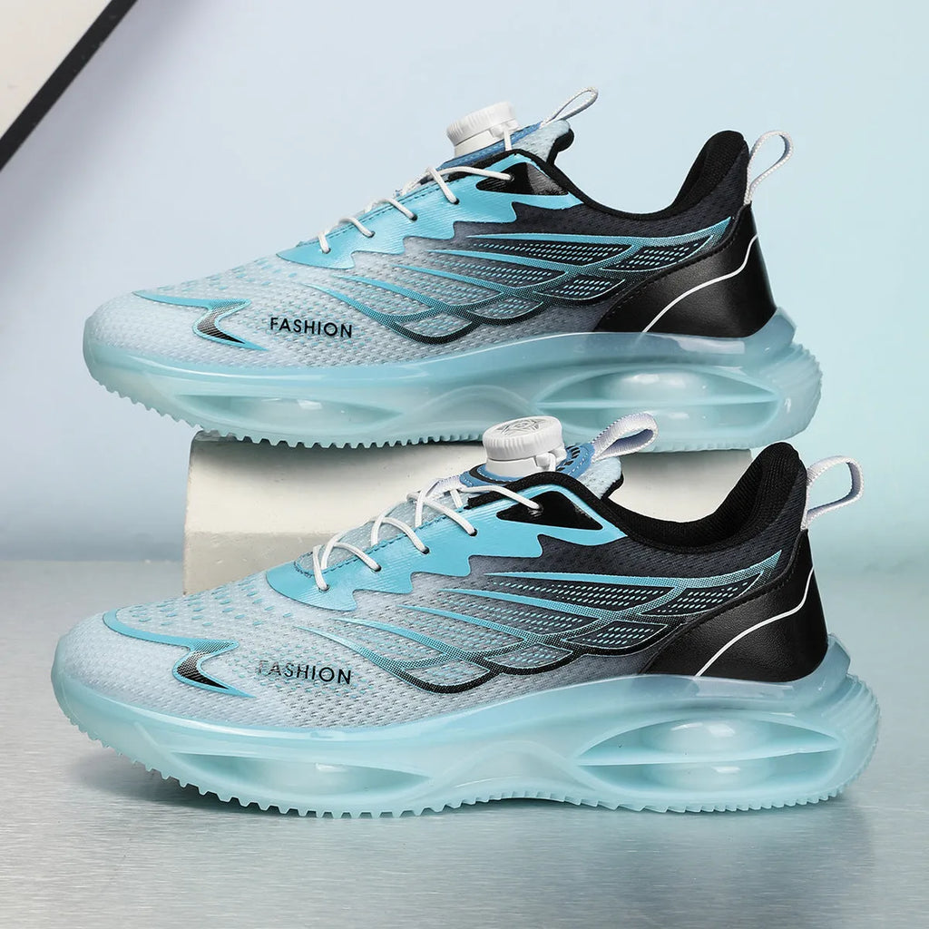Casual lace-up running shoes in sky blue with mesh upper and rubber sole.