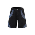 Retro washed denim shorts set with jacket and trousers in blue on a model.