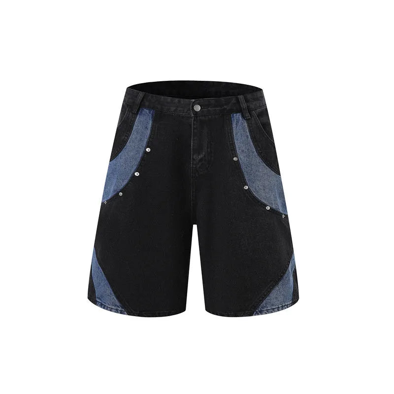 Retro washed denim shorts set with jacket and trousers in blue on a model.