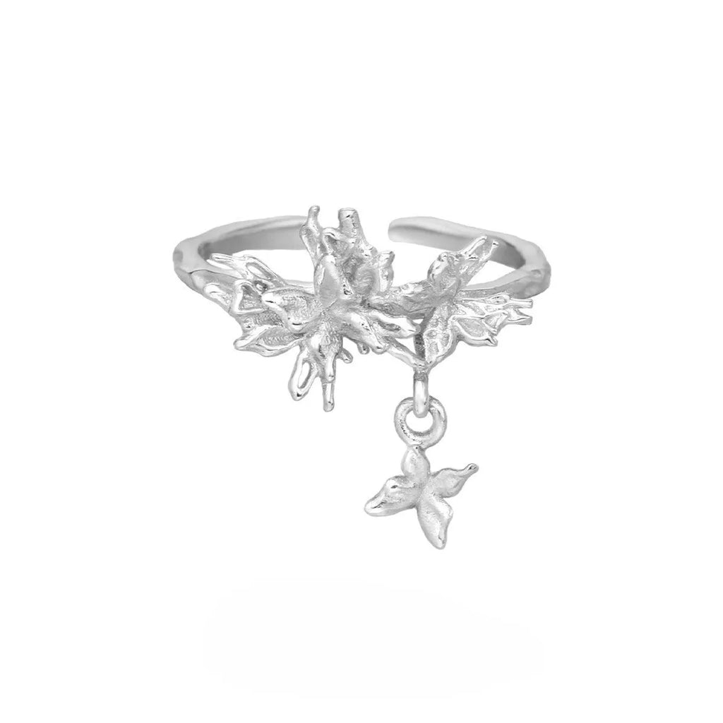 Adjustable silver ring with wild butterfly design in white gold or 18K gold electroplated finish
