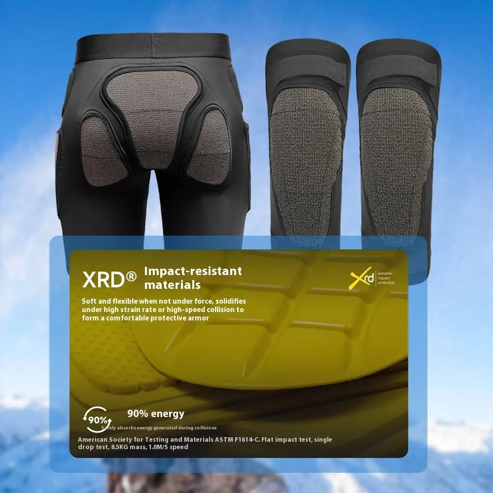 X-ray diffraction ski protective hip pad and knee pad set for impact absorption in sports