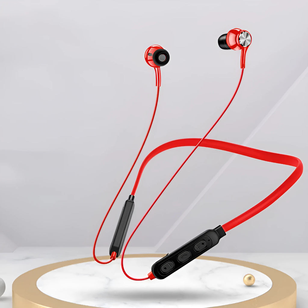 Red neckband sports Bluetooth earphones showing earpieces and USB charging cable.