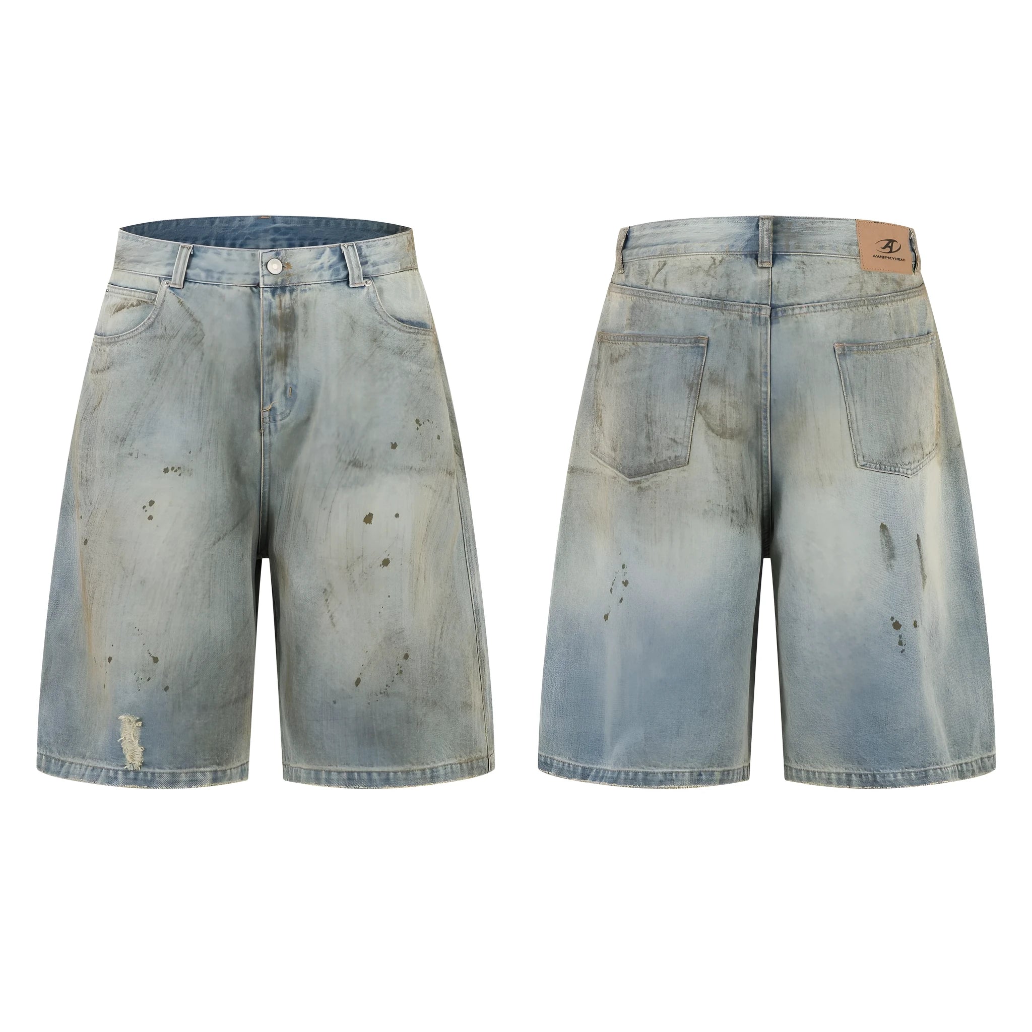 Men's washed blue cropped denim pants with straight leg and zipper fly
