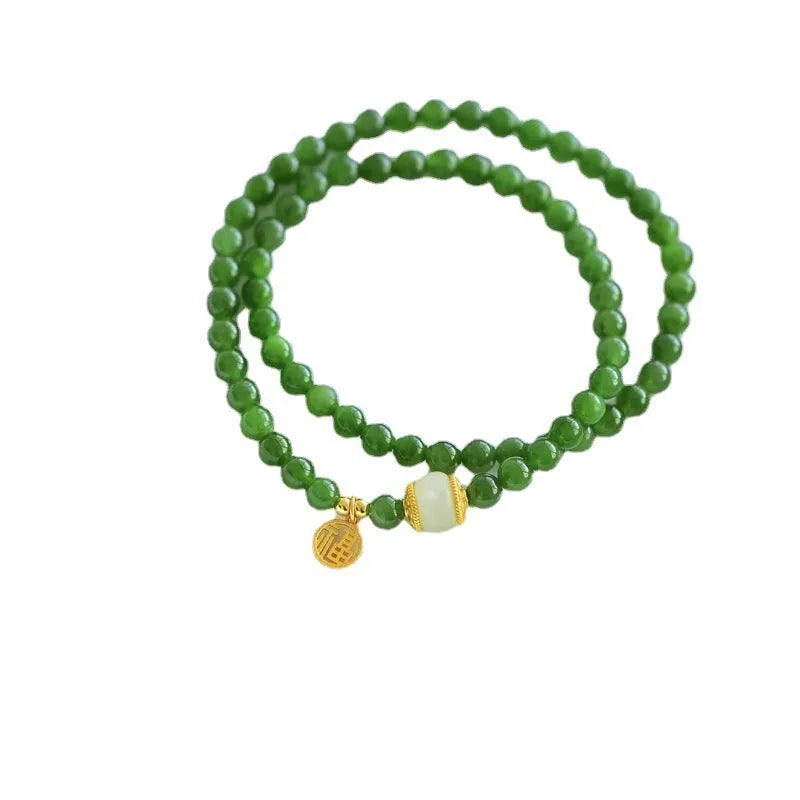 Women's double circle bracelet made of natural Hetian jade featuring a fu character, 6mm size.