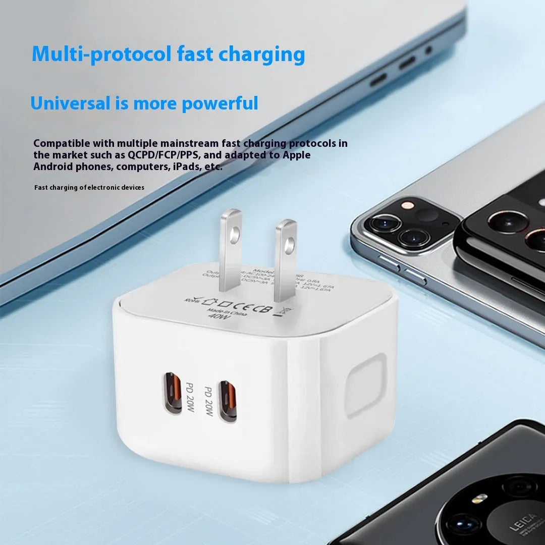 White PD40W Type-C fast charger head for EU UK US plug standards