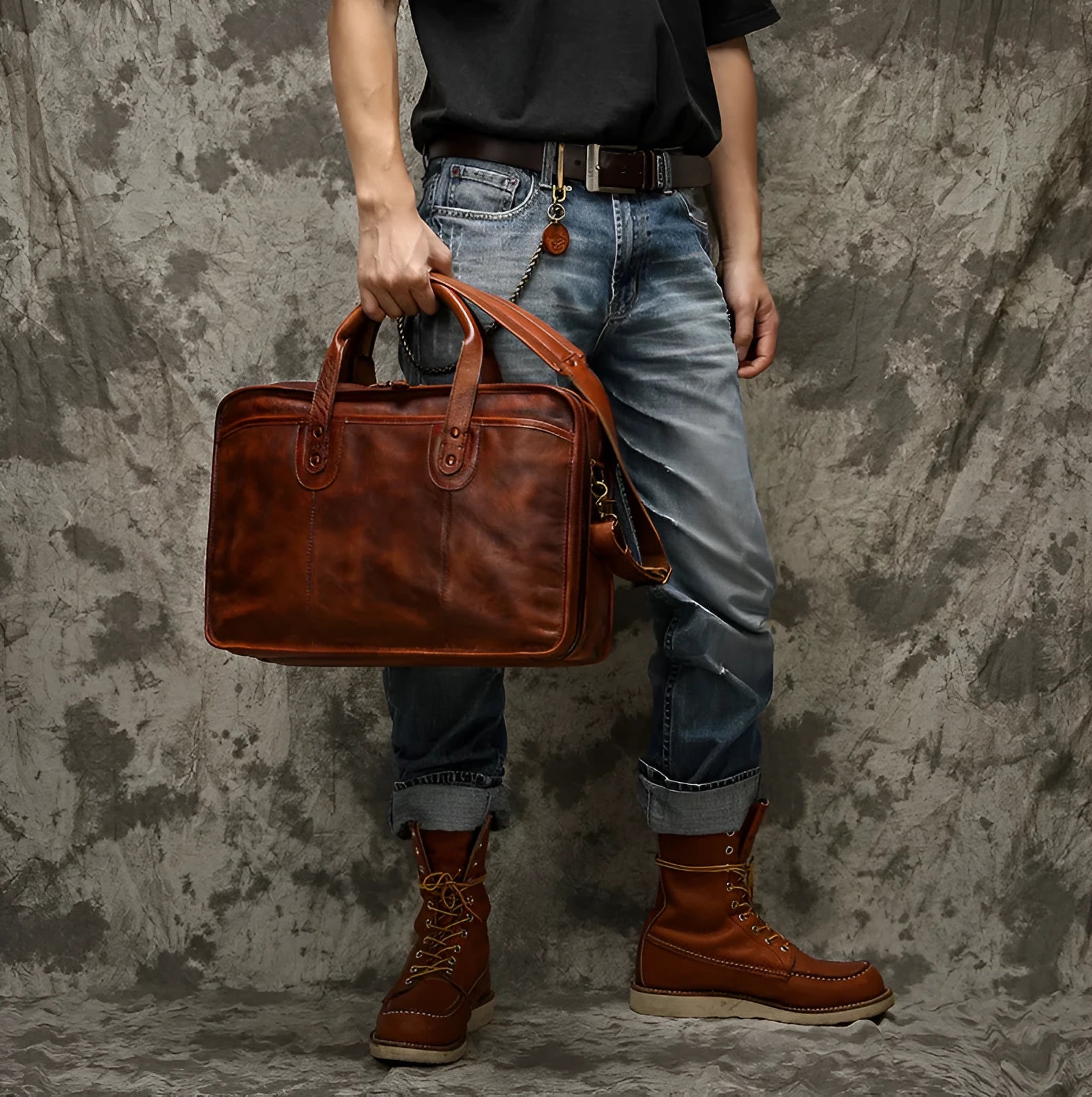 Vintage brown leather men's briefcase showing internal laptop and camera compartments.
