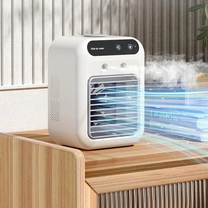 Portable USB-powered evaporative air cooler fan with water cooling features for personal climate control in office, dorm, and on-the-go use