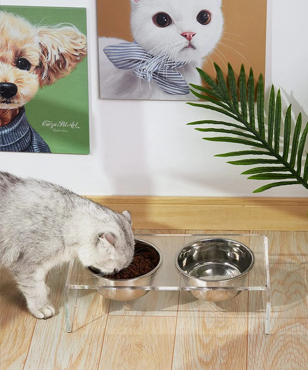 Transparent acrylic pet feeder rack for small dogs and cats, 39.5x18x10cm, on a tile floor