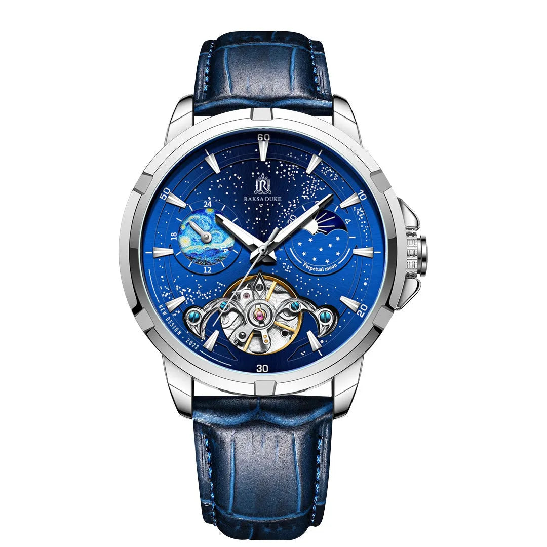 Men's blue automatic mechanical watch with 885b case on wrist