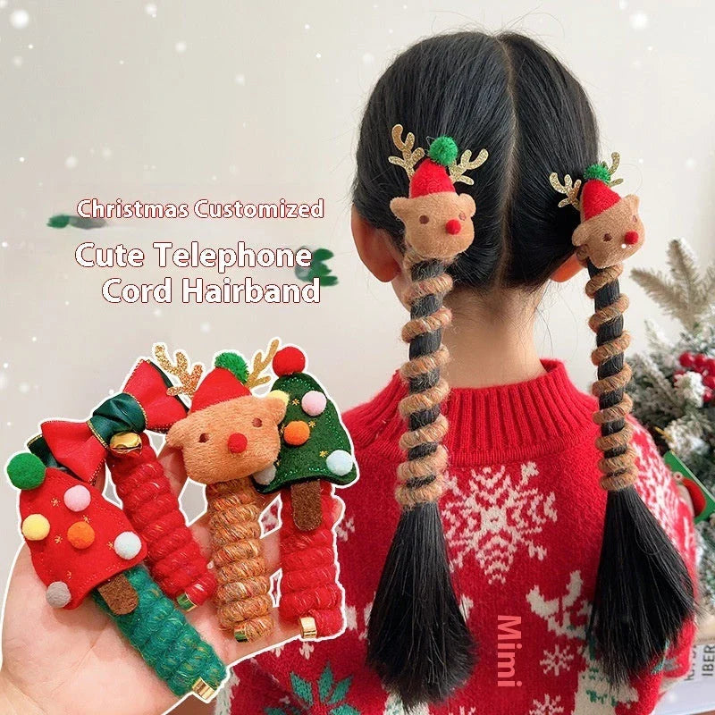 Festive Christmas hair ties for girls in various holiday-themed designs, including red bells, green trees, and khaki deer.