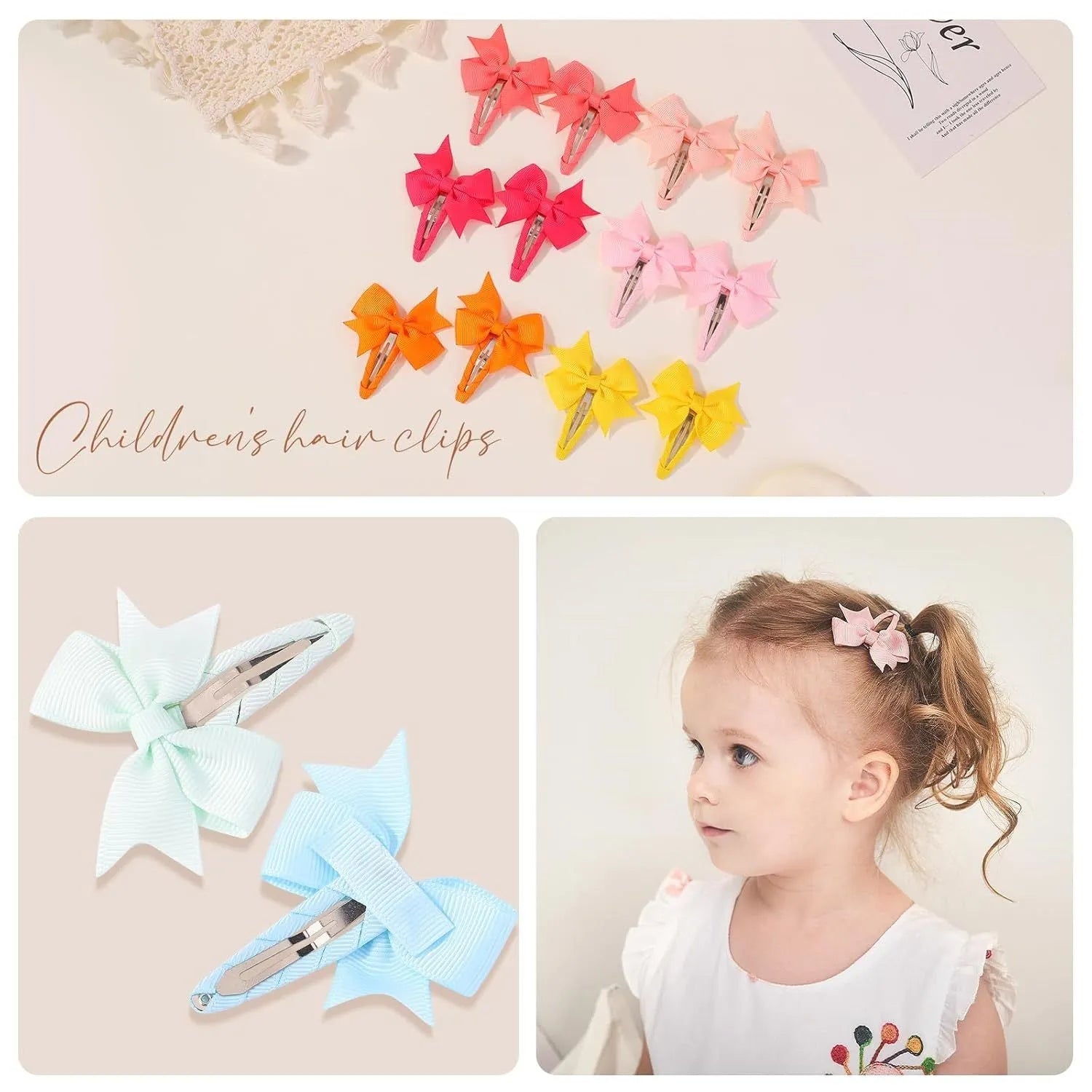 40 piece set of grosgrain ribbon baby hair bows with snap clips in multiple colours