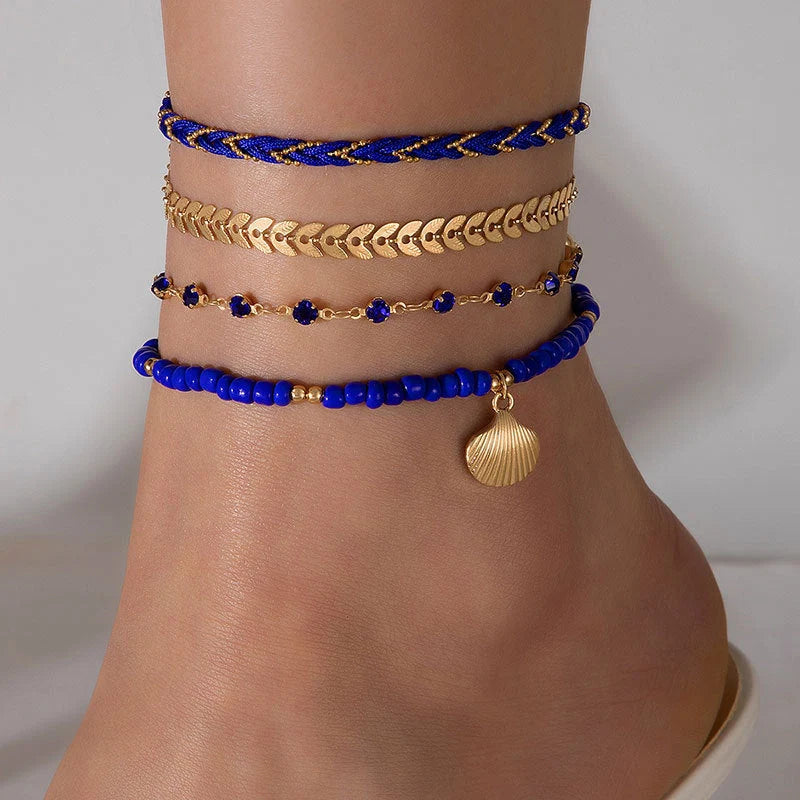Bohemian woven rope foot chain set with geometric alloy black beads for summer fashion