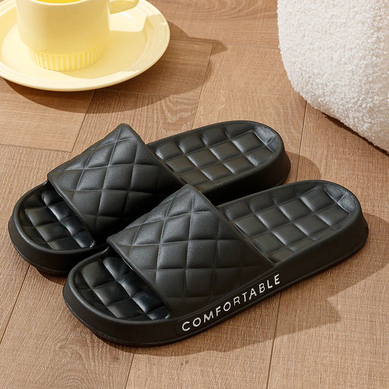 Stylish plaid-patterned house slippers in various colors for men and women, featuring soft EVA soles and a water-resistant design for indoor and light outdoor use.