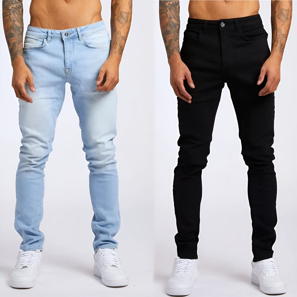 Men's casual slim fit high waist jeans in light blue cotton with five pockets
