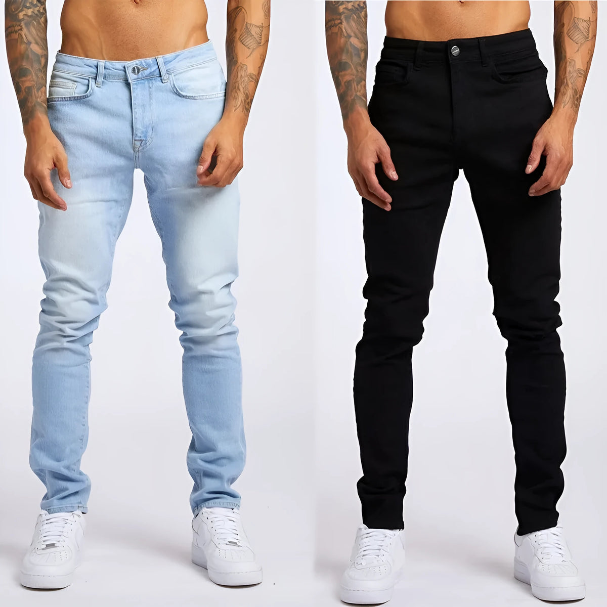 Men's casual slim fit high waist jeans in light blue cotton with five pockets