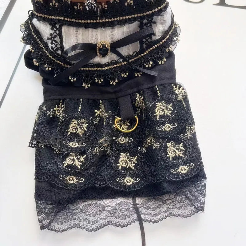 Golden gothic princess skirt costume for a small dog on a white background.