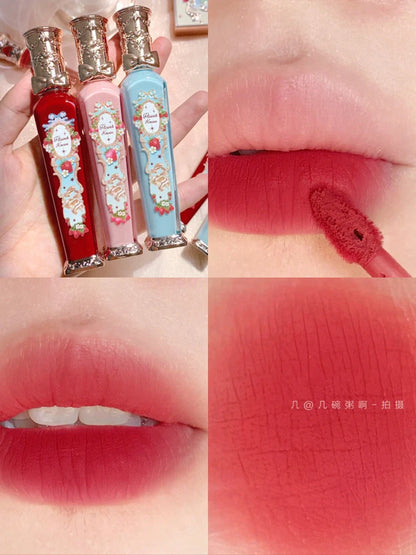 Flower Knows Strawberry Rococo Series Embossed Blush Velvet Matte Lip Glaze in vintage-inspired packaging