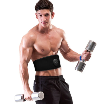 Black adjustable slimming belt with abdominal massage stick showing 110cm length and vibration controls