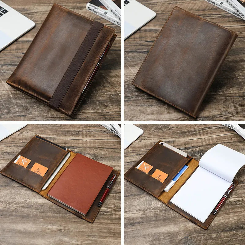 Brown Crazy Horse leather A5 notebook protective sleeve with square shape