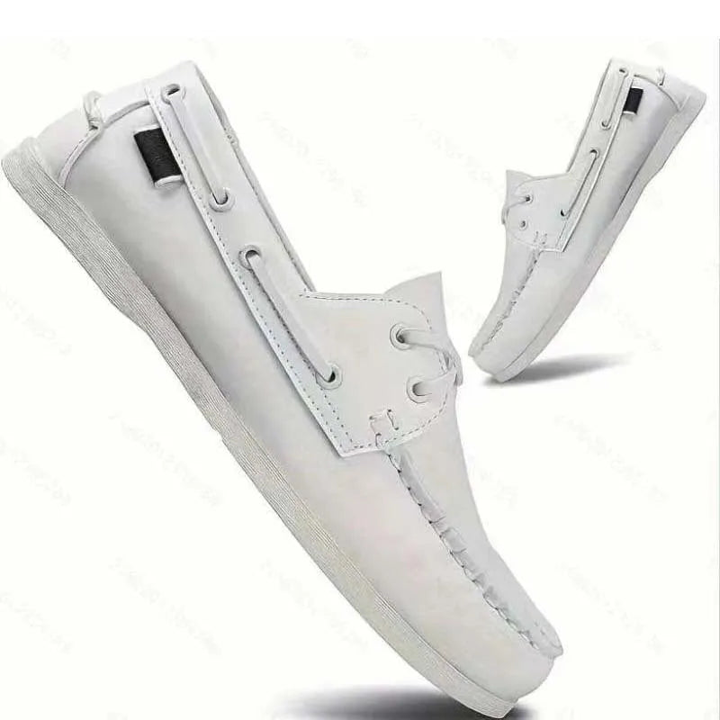 Men's flat-heel casual shoes with round toe in artificial PU, shown in solid colour options.